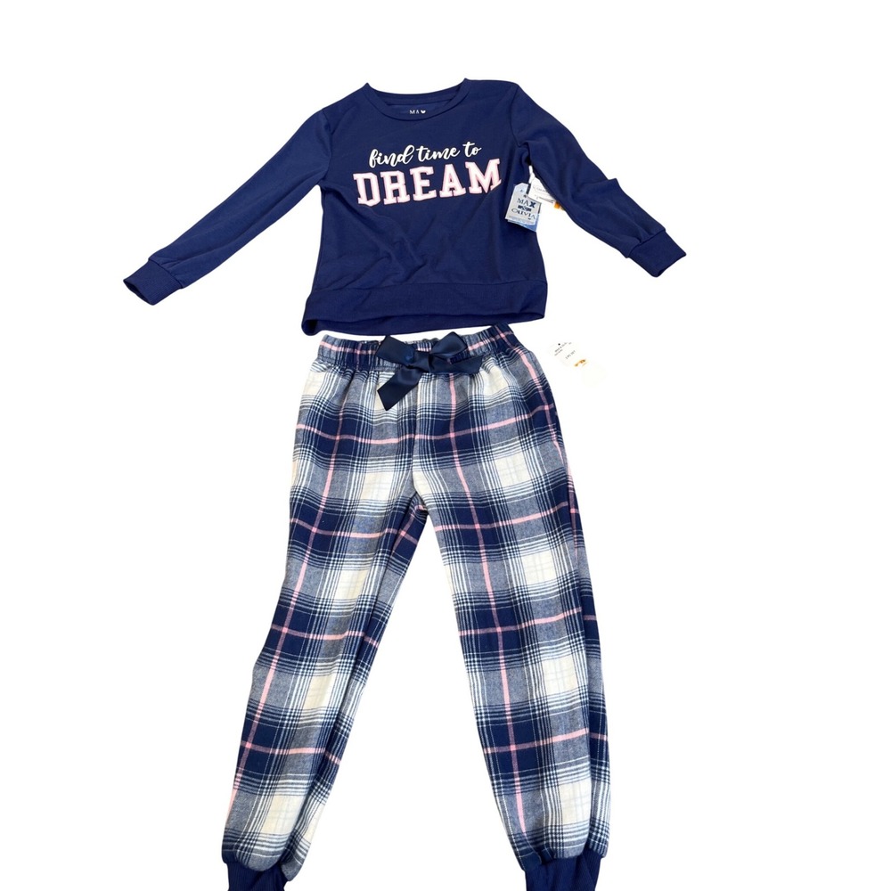 Max & Olivia Girls Navy Plaid 2PC Pajama Set Dream Graphic S‎ 6 6X NWT